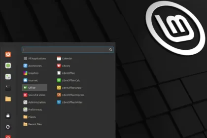 Menu de aplicativos do Linux Mint 22.2 com tema escuro e ícones organizados por categorias.