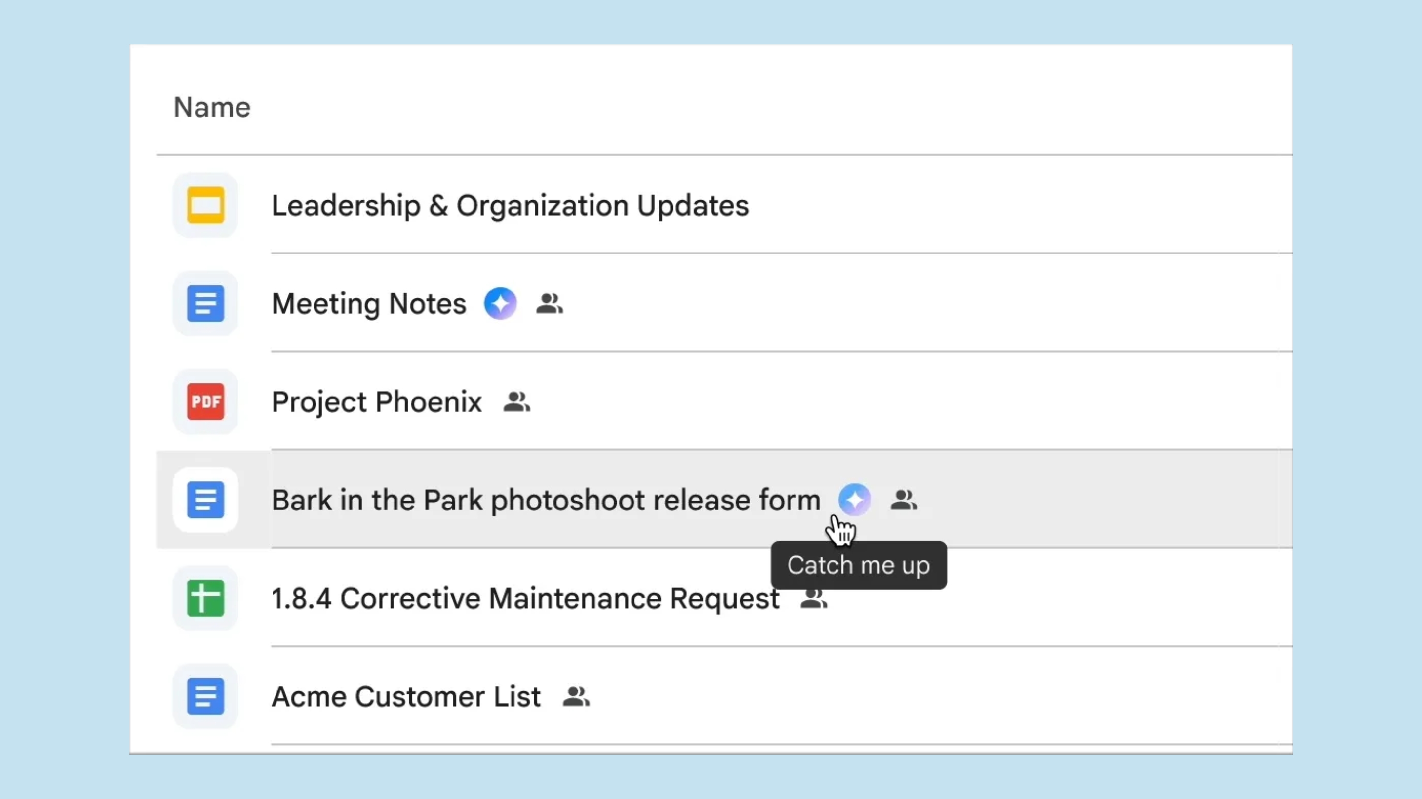 Gemini no Google Drive ganha comando "Catch me up" 2 Painel lateral do Gemini no Google Drive exibindo o comando Catch me up com atualizações de arquivos