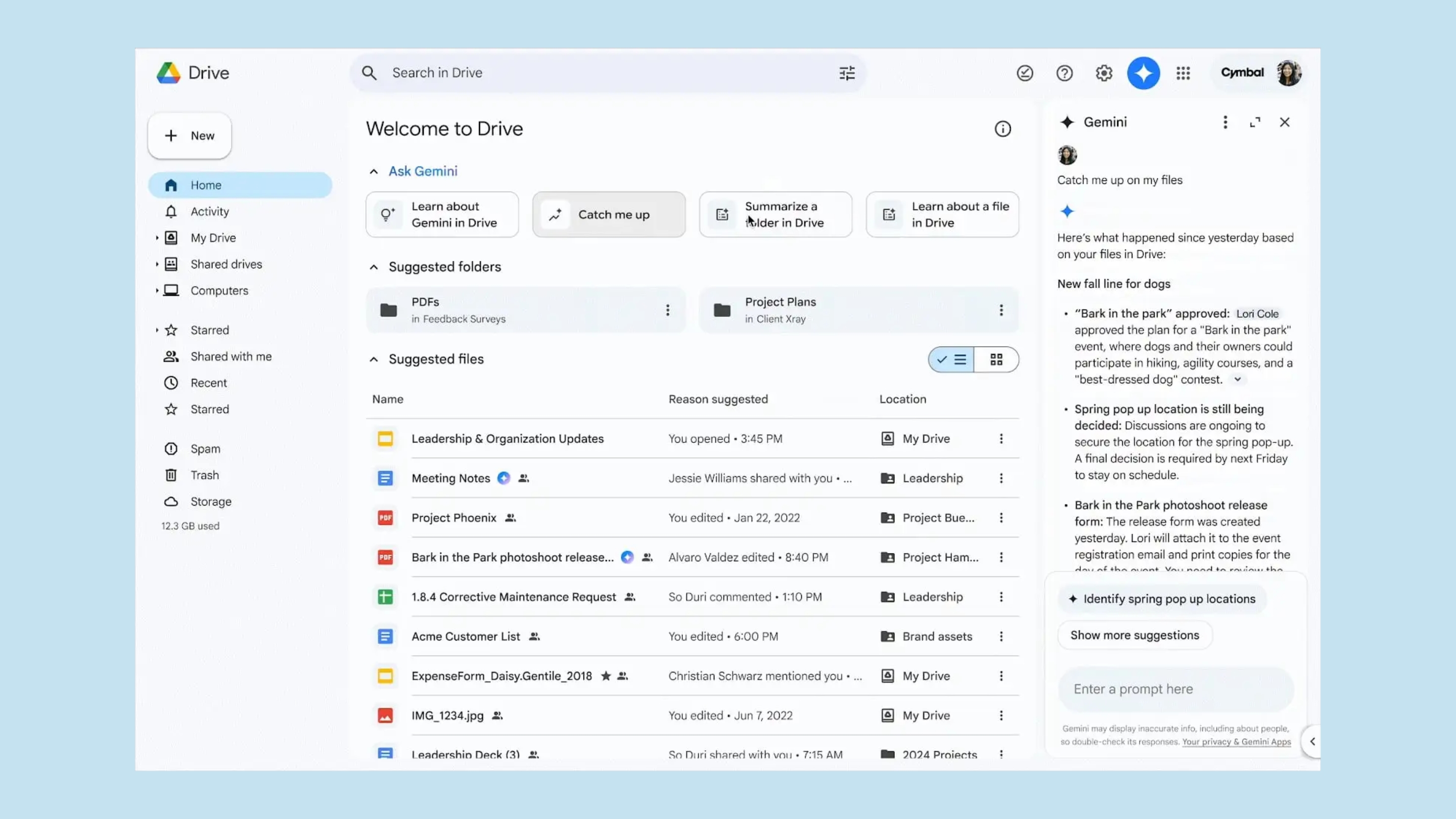 Painel lateral do Gemini no Google Drive exibindo o comando Catch me up com atualizações de arquivos