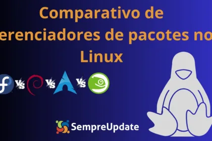 Comparativo de gerenciadores de pacotes no Linux com DNF, APT, Pacman e Zypper representados por logos das distros