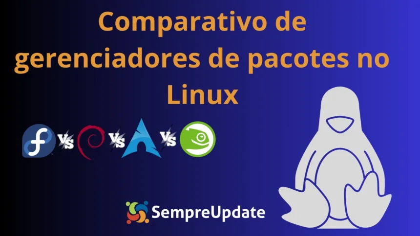 Comparativo de gerenciadores de pacotes no Linux com DNF, APT, Pacman e Zypper representados por logos das distros