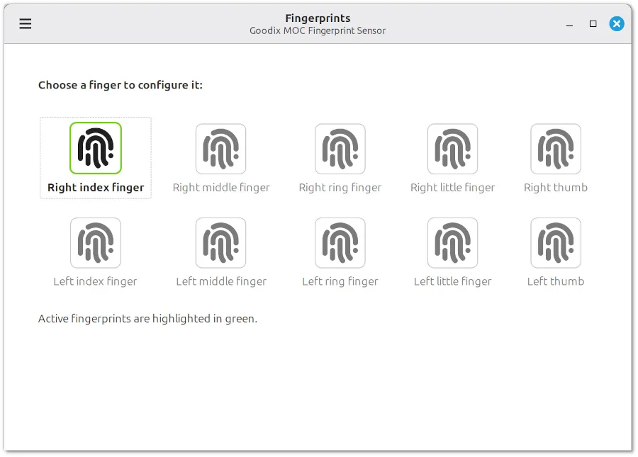 Interface do Fingwit no Linux Mint 22.2 com opções de configuração de impressão digital.