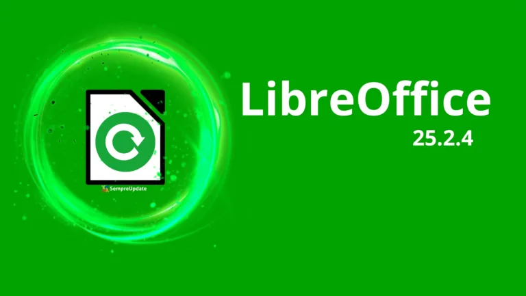Logo do LibreOffice 25.2.4 com símbolo de atualização em destaque sobre fundo verde