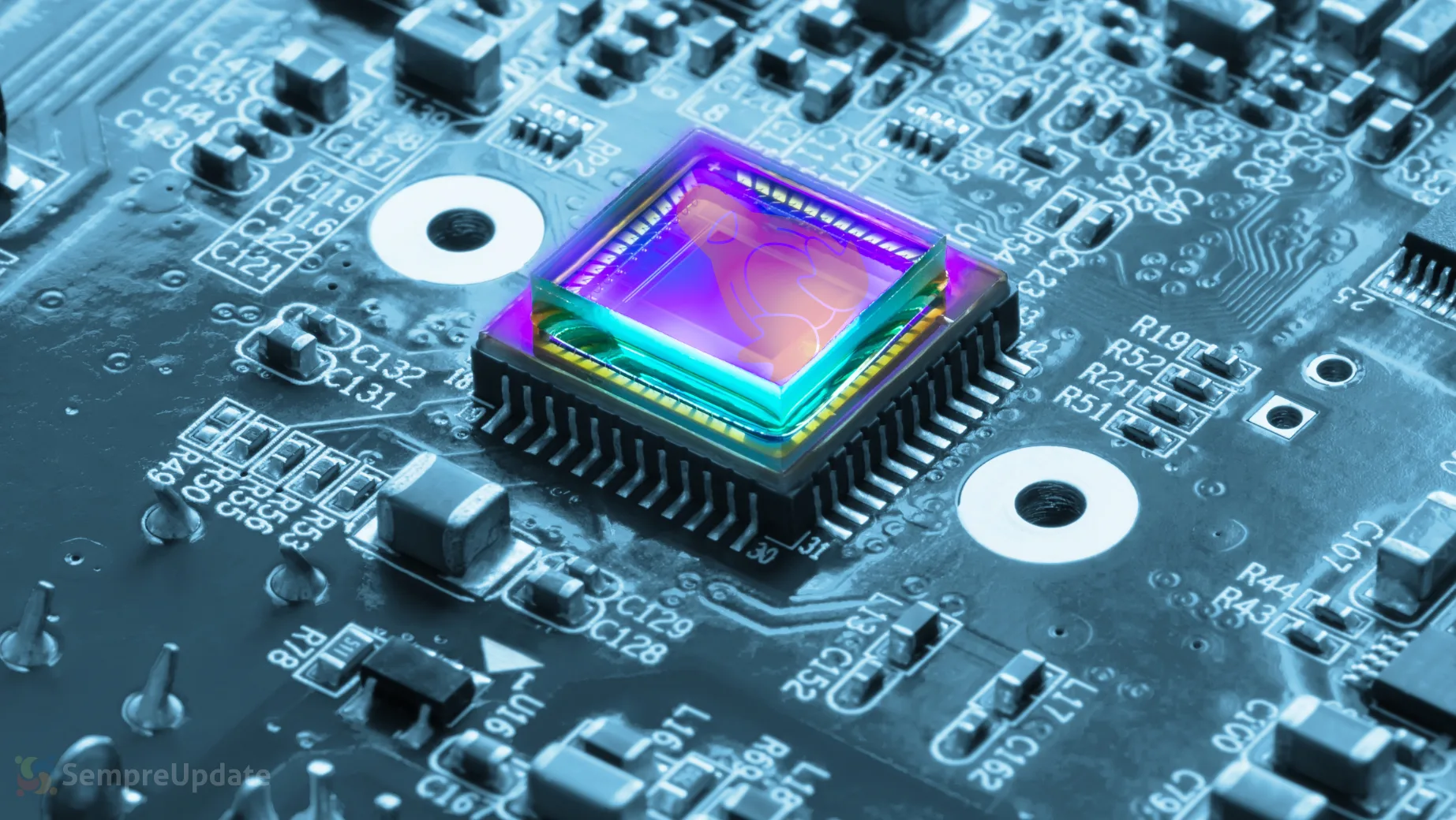 Chip sobre placa-mãe com destaque colorido, representando os avanços do monitoramento de hardware no Linux Kernel 6.16