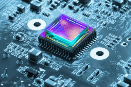 Chip sobre placa-mãe com destaque colorido, representando os avanços do monitoramento de hardware no Linux Kernel 6.16