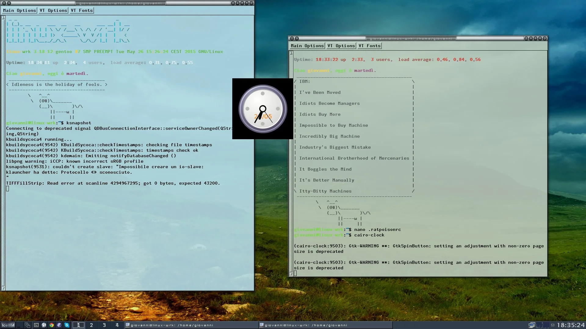 IceWM 3.8.0 em dual-terminal com transparência e informações do sistema em tempo real.