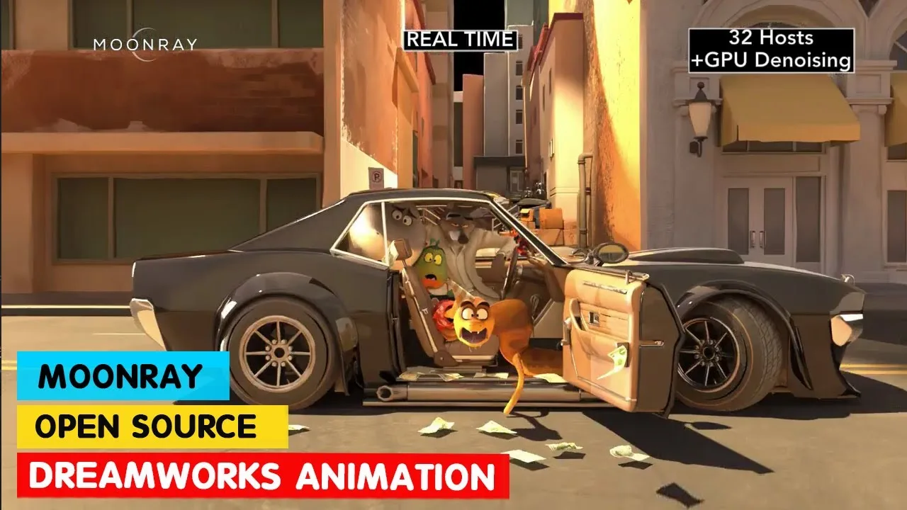 Renderização em tempo real com OpenMoonRay mostrando personagens animados em um carro, por DreamWorks Animation