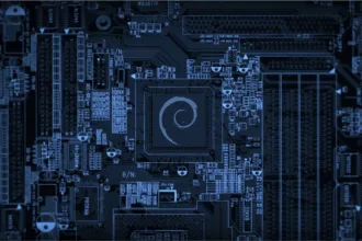 Circuito eletrônico com o logo do Debian no centro, simbolizando o fluxo automatizado de upload com tag2upload Debian