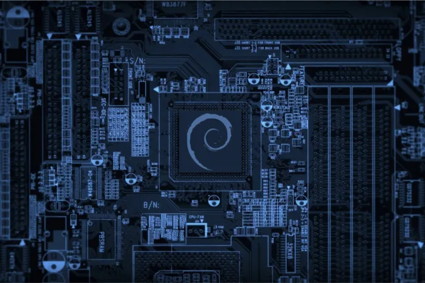 Circuito eletrônico com o logo do Debian no centro, simbolizando o fluxo automatizado de upload com tag2upload Debian