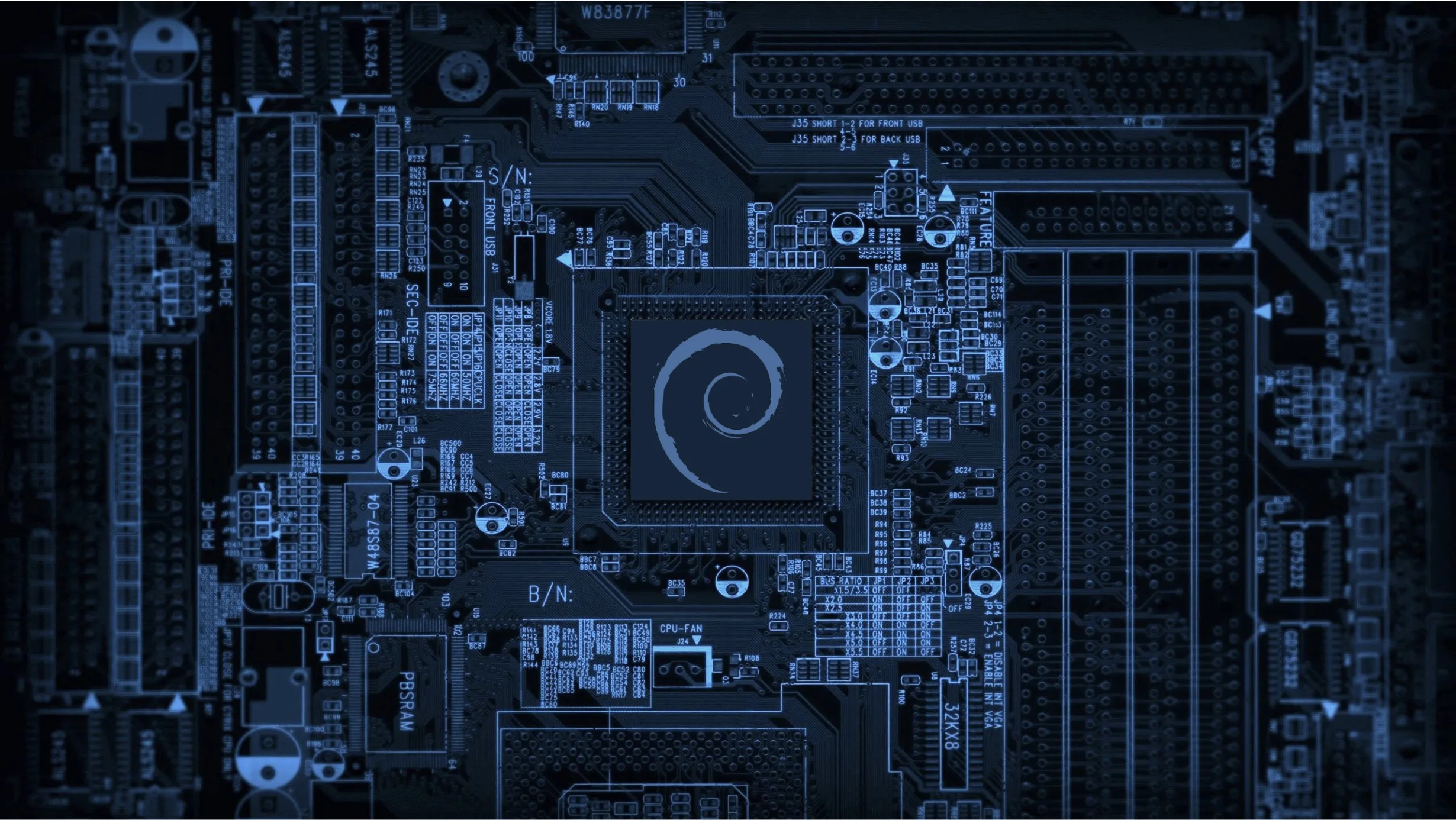 Circuito eletrônico com o logo do Debian no centro, simbolizando o fluxo automatizado de upload com tag2upload Debian