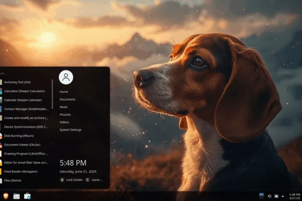 Desktop do RefreshOS 2.5 com KDE Plasma e menu aberto, destacando leveza e visual moderno.