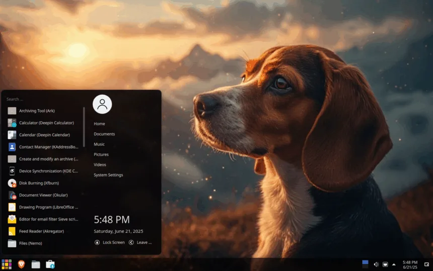 Desktop do RefreshOS 2.5 com KDE Plasma e menu aberto, destacando leveza e visual moderno.