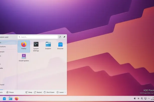 Interface do KDE Plasma 6.4 Dev com menu de aplicativos aberto, exibindo System Settings, Dolphin e Discover no ambiente Wayland