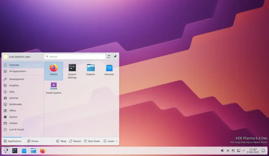 Interface do KDE Plasma 6.4 Dev com menu de aplicativos aberto, exibindo System Settings, Dolphin e Discover no ambiente Wayland