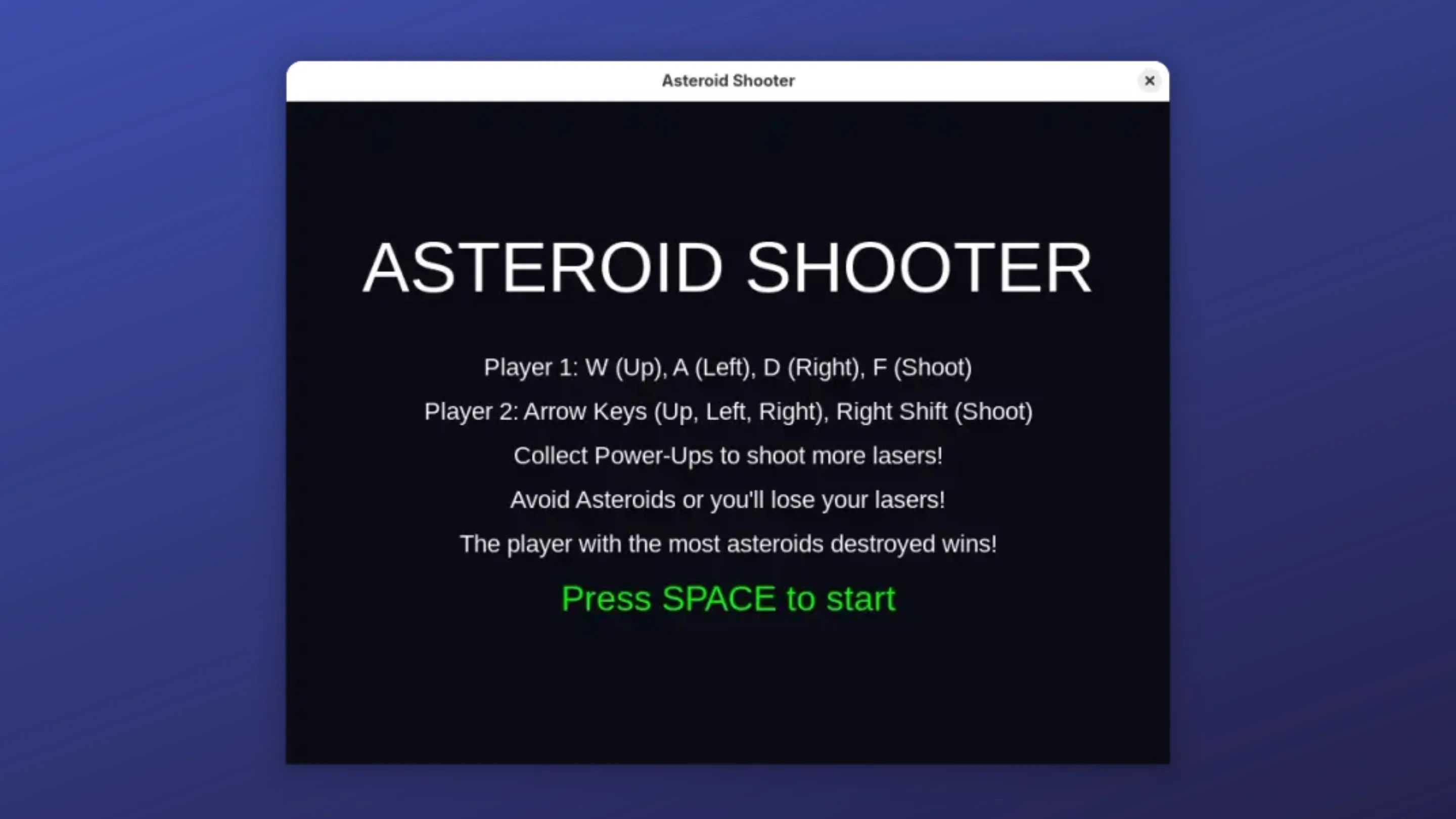 Imagem com a interface do Asteroid Shooter