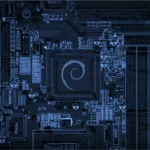Circuito eletrônico com o logo do Debian no centro, simbolizando o fluxo automatizado de upload com tag2upload Debian