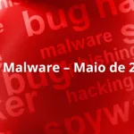 Gráfico com destaque para o Top Malware Maio 2025 e termos como ransomware e phishing