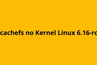 Bcachefs no Kernel Linux 6.16-rc2 com fundo amarelo e título em destaque