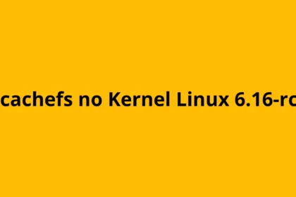 Bcachefs no Kernel Linux 6.16-rc2 com fundo amarelo e título em destaque