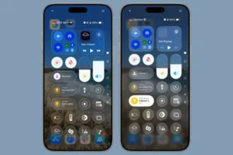 Centro de controle do iOS 26 (‌iOS 26‌ beta 1 à esquerda, ‌ beta 2 à direita)