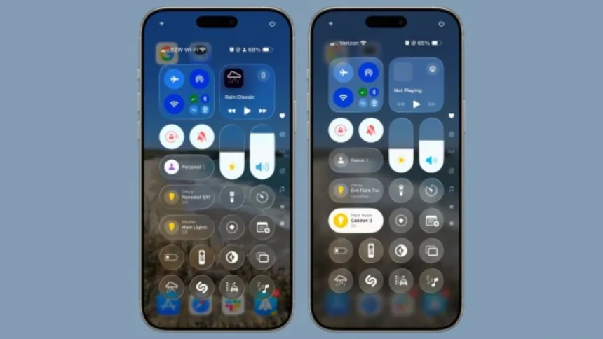Centro de controle do iOS 26 (‌iOS 26‌ beta 1 à esquerda, ‌ beta 2 à direita)