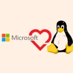 Logo da Microsoft ao lado do mascote Tux, simbolizando a abertura do WSL Open Source.