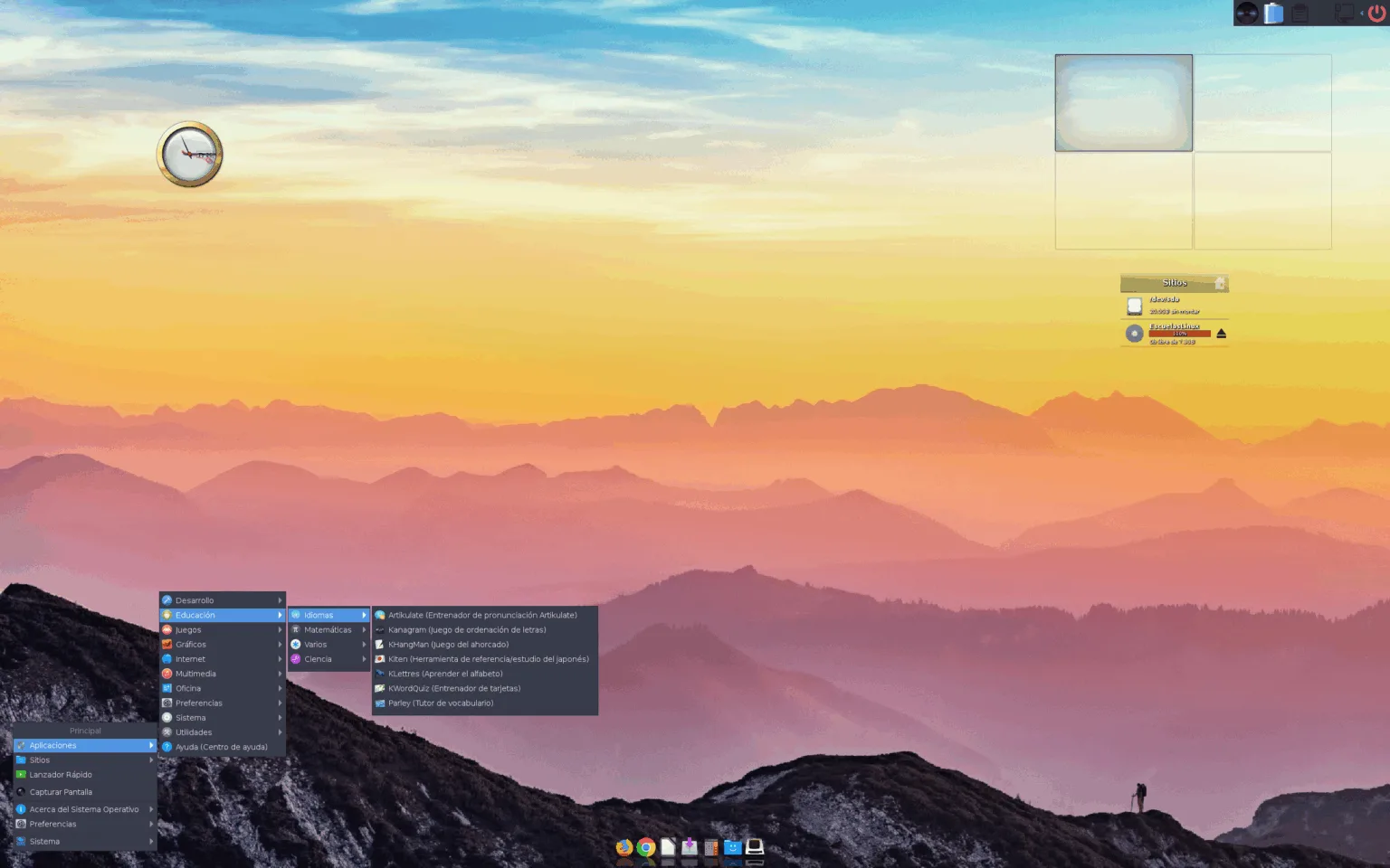 Interface do Escuelas Linux 8.12 mostrando menu educacional e ambiente leve para computadores antigos