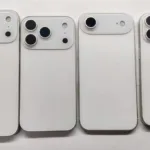 Mock‑ups da linha iPhone 17 — Pro Max, Pro, Air e modelo base — em acabamento branco mostrando diferentes módulos de câmera