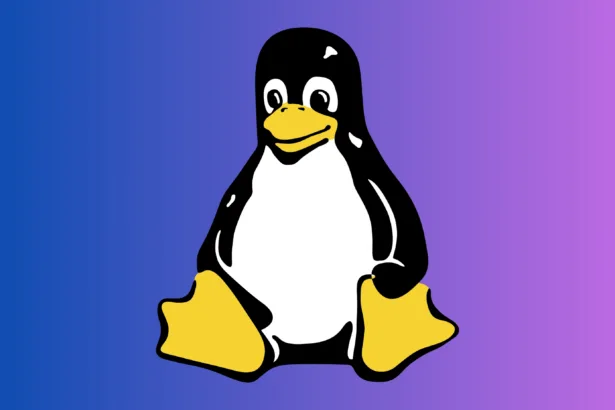 Pinguim Tux, o mascote do Linux, sobre fundo degradê azul e roxo
