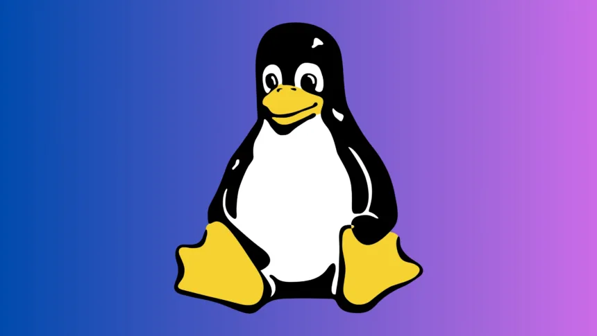 Pinguim Tux, o mascote do Linux, sobre fundo degradê azul e roxo