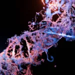 Representação visual da inovação como DNA digital, simbolizando o Fedora como campo de testes da Red Hat para tecnologias que moldam o Linux corporativo.