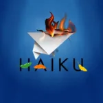 Logo do Haiku OS em fundo azul, com origami de papel em chamas e folhas coloridas, simbolizando transformação e evolução do sistema operacional em junho de 2025