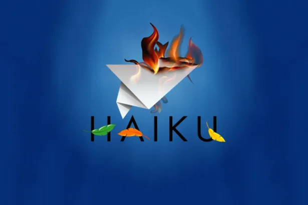 Logo do Haiku OS em fundo azul, com origami de papel em chamas e folhas coloridas, simbolizando transformação e evolução do sistema operacional em junho de 2025