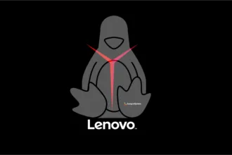 Pinguim Tux estilizado com LED vermelho no peito em alusão à linha Lenovo Gaming, sobre fundo preto com logotipo Lenovo e marca SempreUpdate na pata.