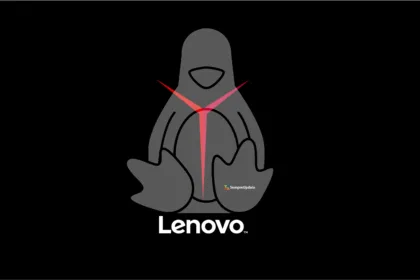 Pinguim Tux estilizado com LED vermelho no peito em alusão à linha Lenovo Gaming, sobre fundo preto com logotipo Lenovo e marca SempreUpdate na pata.