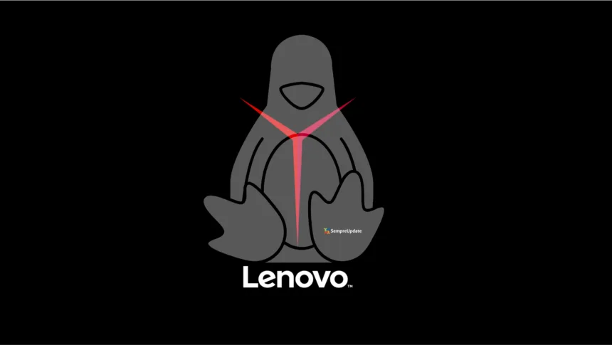 Pinguim Tux estilizado com LED vermelho no peito em alusão à linha Lenovo Gaming, sobre fundo preto com logotipo Lenovo e marca SempreUpdate na pata.