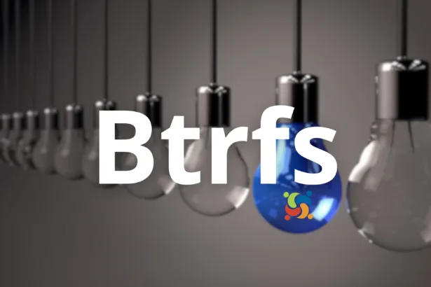 Sequência de lâmpadas com destaque para uma azul com logotipo, representando o impacto do acidente que criou o Btrfs no ecossistema Linux e na inovação em sistemas de arquivos.