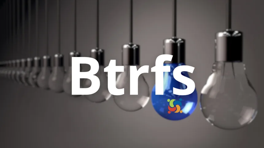 Sequência de lâmpadas com destaque para uma azul com logotipo, representando o impacto do acidente que criou o Btrfs no ecossistema Linux e na inovação em sistemas de arquivos.