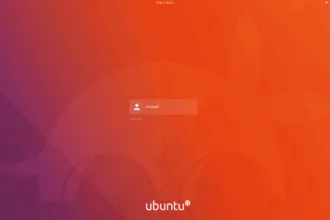 Tela de login do Ubuntu com gradiente roxo‑laranja Yaru, marco da evolução na guerra das cores Ubuntu