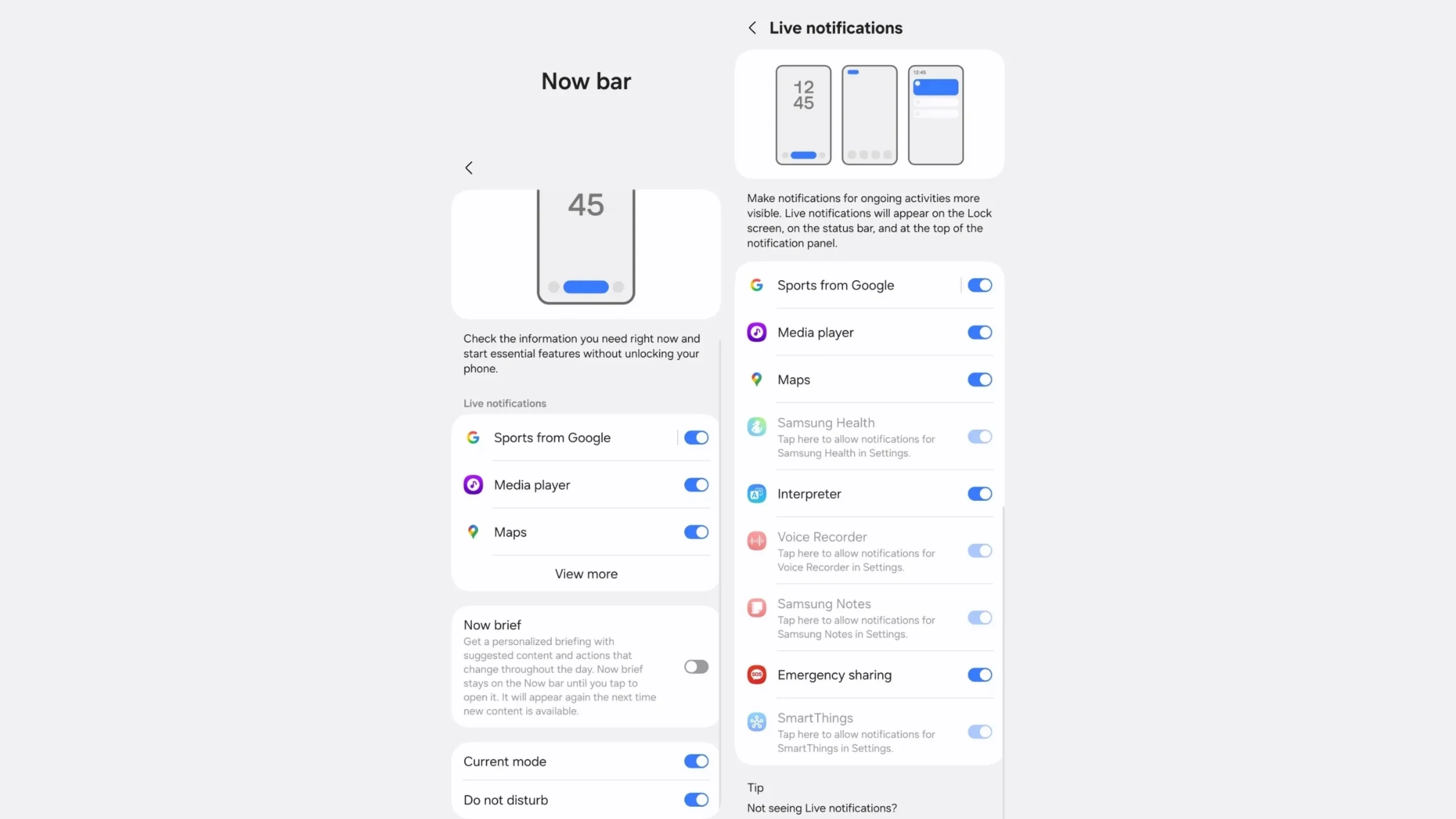 Configurações da One UI 8 Now Bar e aplicativos suportados atualmente.