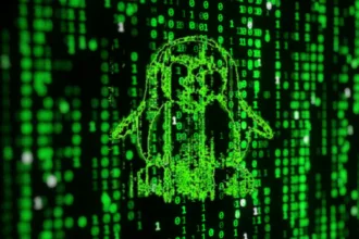terminal Linux com efeito Matrix gerado pelo cmatrix