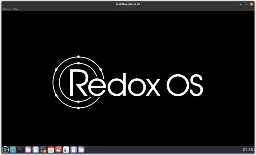 Interface do Redox OS com COSMIC Desktop e terminal aberto destacando microkernel em Rust