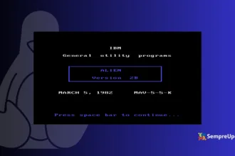 Imagem do programa ALIEN da IBM em tela preta, exibindo “General utility programs” e versão 2B de 1982, sobre fundo temático do Linux, simbolizando o conceito de projeto alienígena IBM Linux na história da computação.