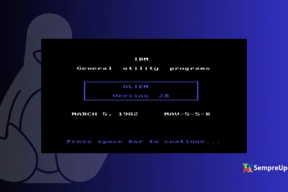 Imagem do programa ALIEN da IBM em tela preta, exibindo “General utility programs” e versão 2B de 1982, sobre fundo temático do Linux, simbolizando o conceito de projeto alienígena IBM Linux na história da computação.