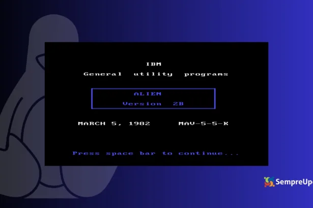 Imagem do programa ALIEN da IBM em tela preta, exibindo “General utility programs” e versão 2B de 1982, sobre fundo temático do Linux, simbolizando o conceito de projeto alienígena IBM Linux na história da computação.