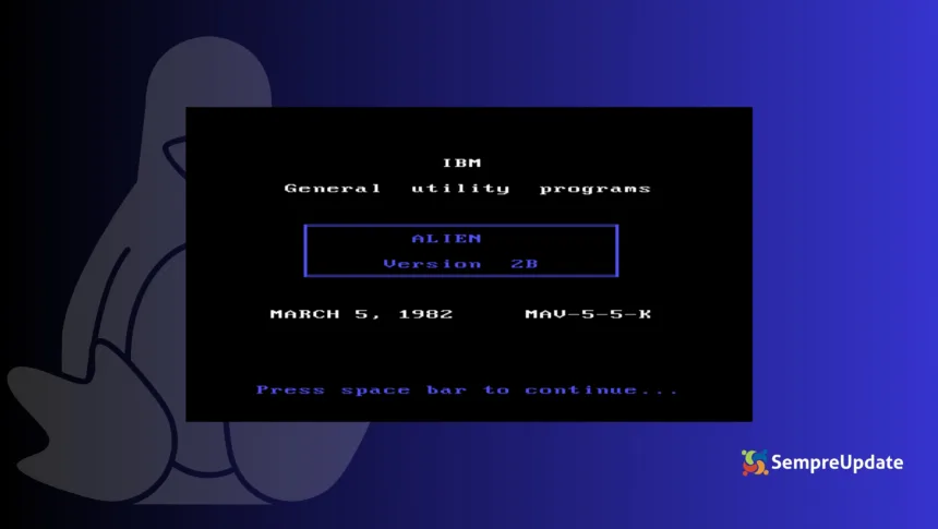Imagem do programa ALIEN da IBM em tela preta, exibindo “General utility programs” e versão 2B de 1982, sobre fundo temático do Linux, simbolizando o conceito de projeto alienígena IBM Linux na história da computação.