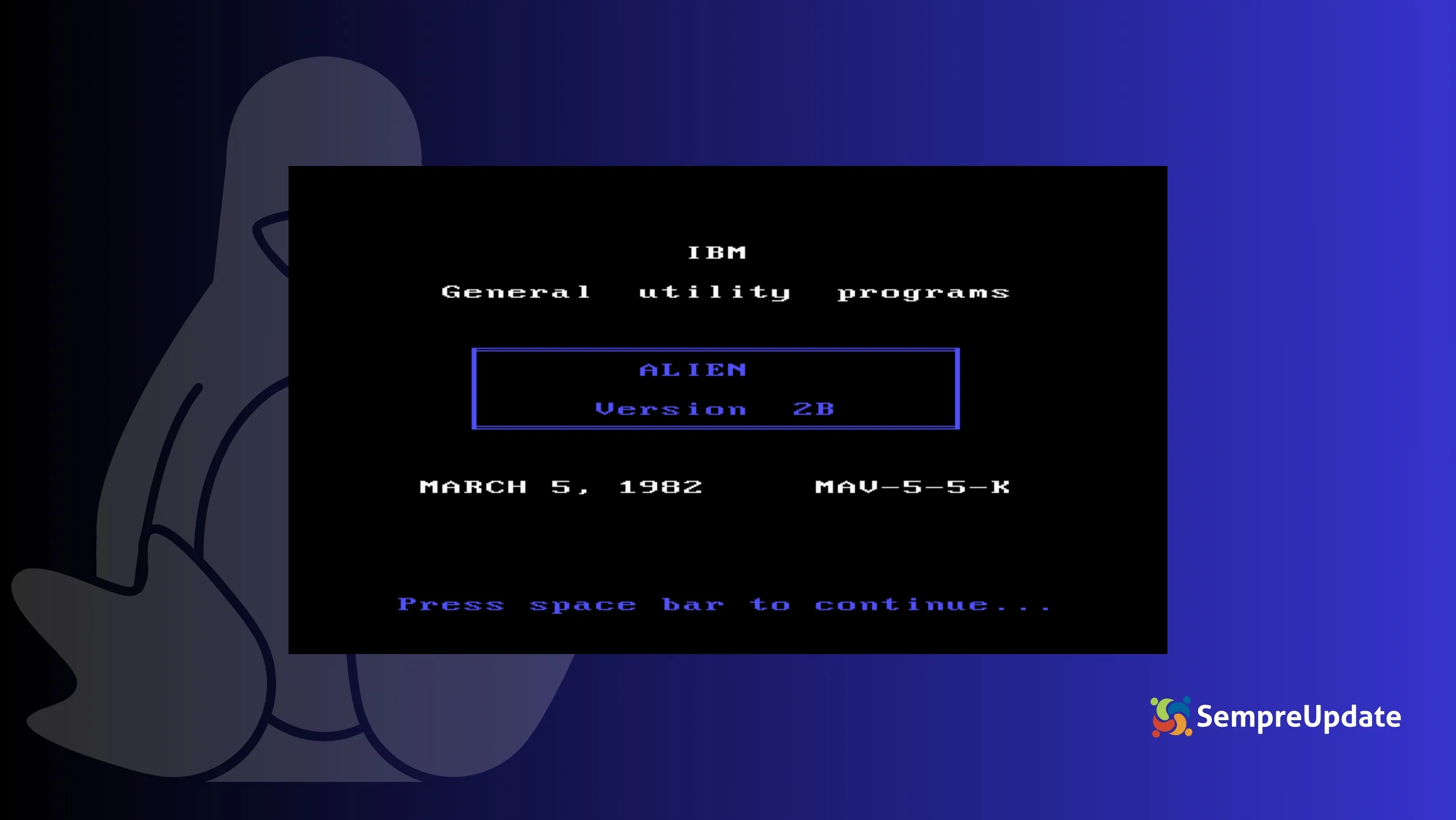 Imagem do programa ALIEN da IBM em tela preta, exibindo “General utility programs” e versão 2B de 1982, sobre fundo temático do Linux, simbolizando o conceito de projeto alienígena IBM Linux na história da computação.