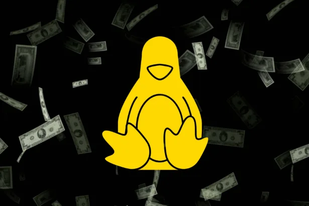Ilustração do mascote do Linux cercado por dinheiro, representando a dúvida se o Kernel Linux já foi pago