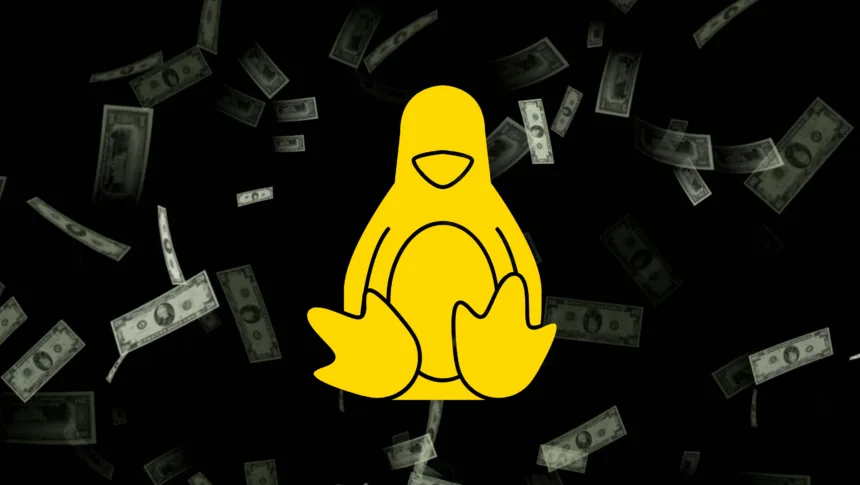 Ilustração do mascote do Linux cercado por dinheiro, representando a dúvida se o Kernel Linux já foi pago