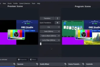 Interface do OBS Studio 31.1.0 mostrando o painel de preview, programa e transições rápidas em ação com múltiplas fontes visuais em streaming.